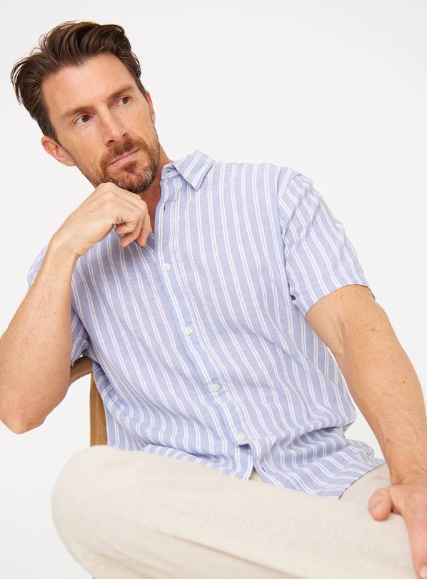 Blue Linen Blend Dual Stripe Short Sleeve Shirt  XXL